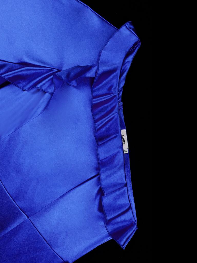 AOMEI Blue Satin Sheath Dresses for Women One Shoulder Ruffles Long Sleeves Bodycon Celebrate Birthday Cocktail Event Party Long Outfits