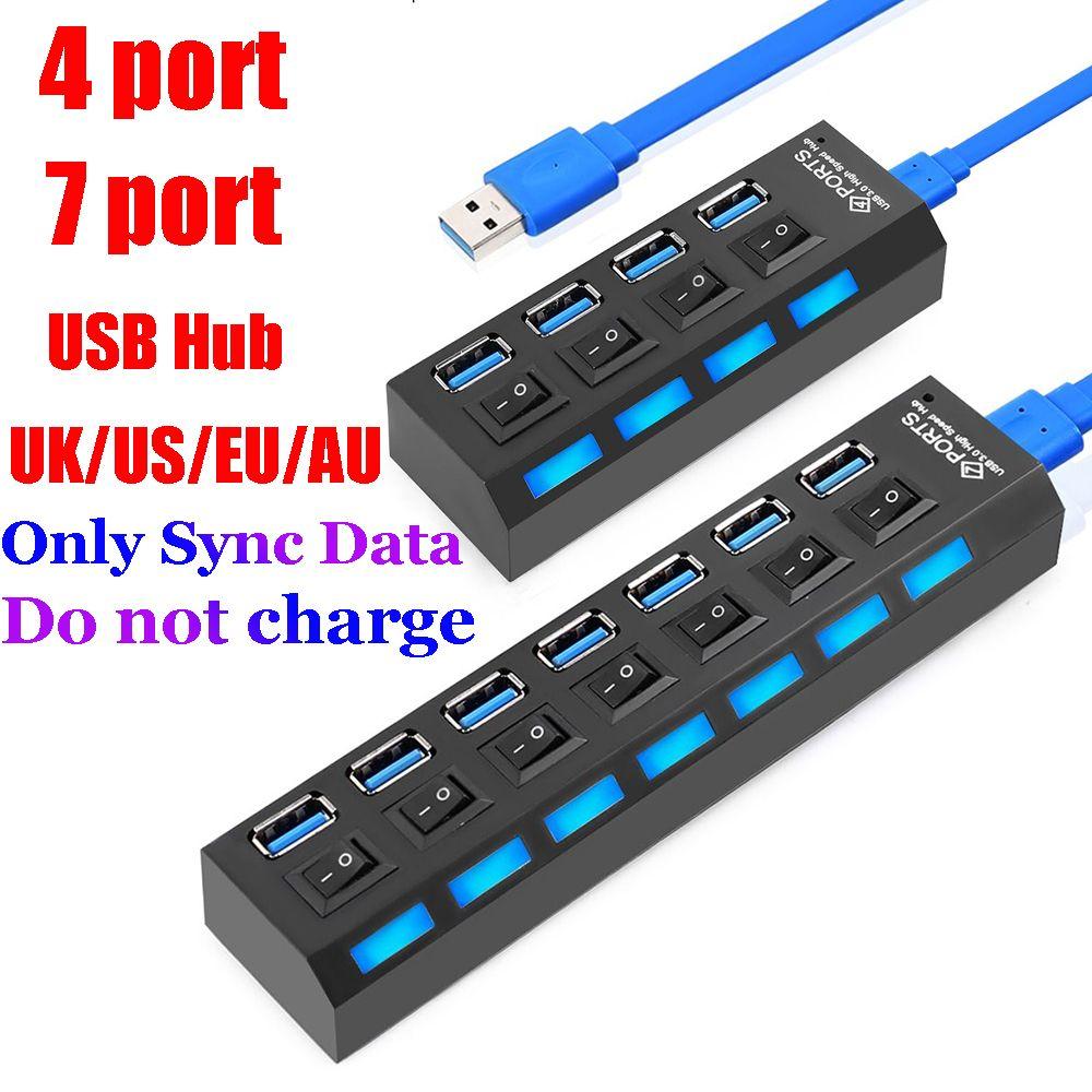 Sync Data Converter Splitter 5Gbps High Speed 4/7 Port USB 3.0 Hub AC Power Adapter on/Off Switches