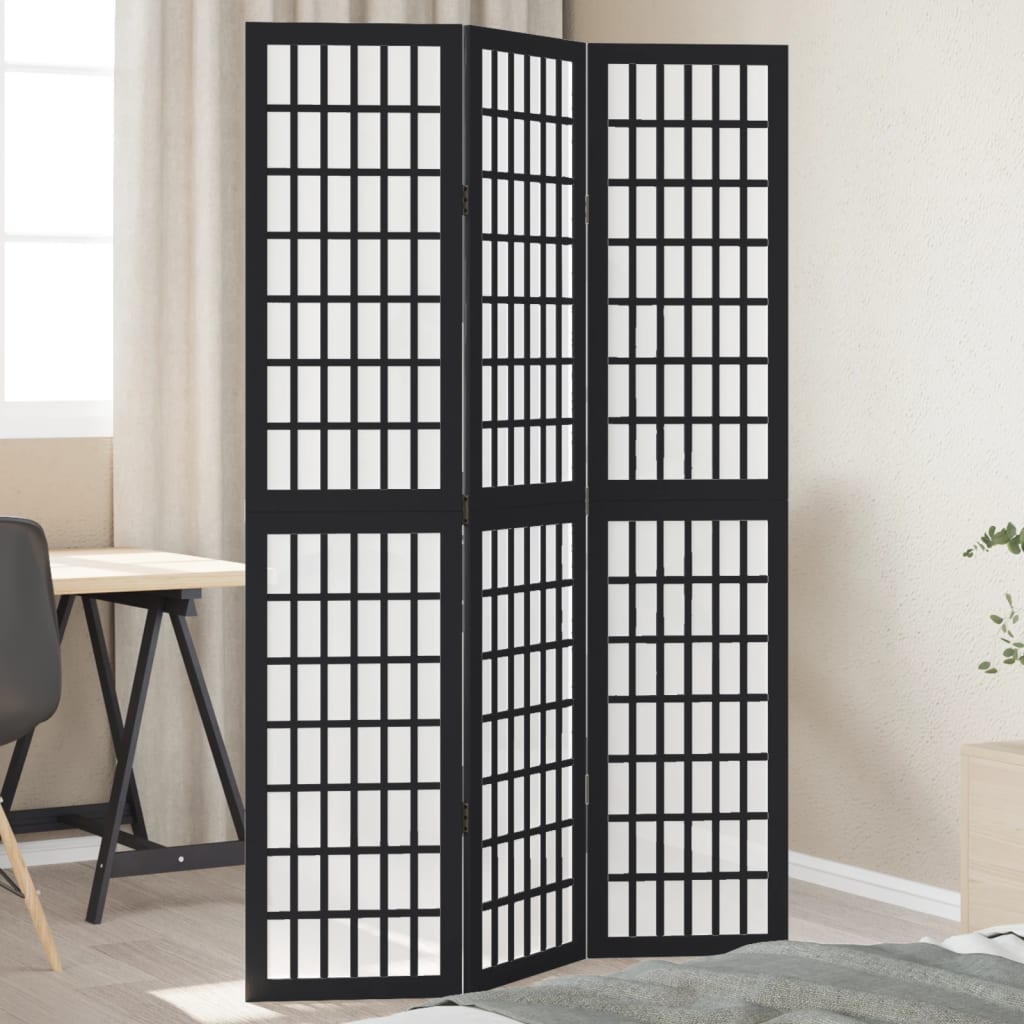 3 Piece Black Folding Screen Solid Paulownia Wood