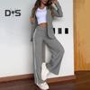 2 Pcs/Set Lady Formal Coat Pants Set Turn-down Collar Long Sleeves Jacket Loose Striped Wide Leg Trousers Casual Daily Wear Commuting Outfit