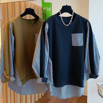 Толстая женщина свитер 150 кг свободная полосатая рубашка с шитьем женская весна и осень поддельный двухсекционный свитер с длинными рукавами