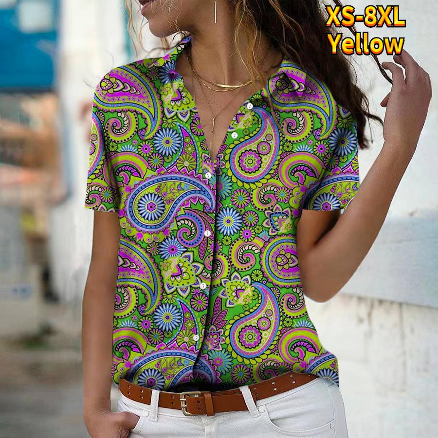 Лето 2025 Новая Мода Женская Рубашка Топ с Коротким Рукавом, V-образным Вырезом, Пуговицами, в Стиле Ретро с Принтом