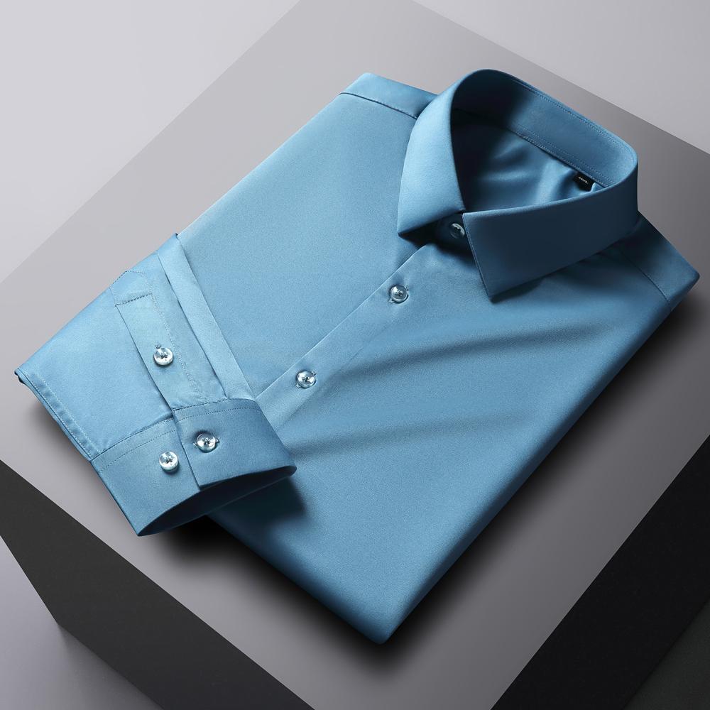 Мужская однотонная немнущаяся рубашка с длинным рукавом и эластичной тканью, шелковисто-гладкая, приятная к коже, простая в уходе, формальная мужская одежда, рубашка на пуговицах