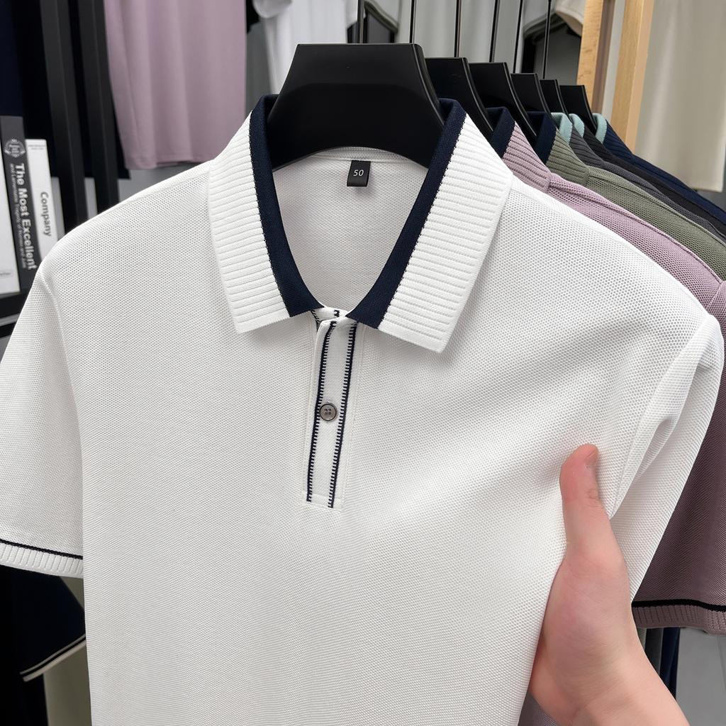 Mulberry Silk & Lyocell & Cotton Summer Cool Breathable Contrast Collar Men's Beaded Polo Shirt