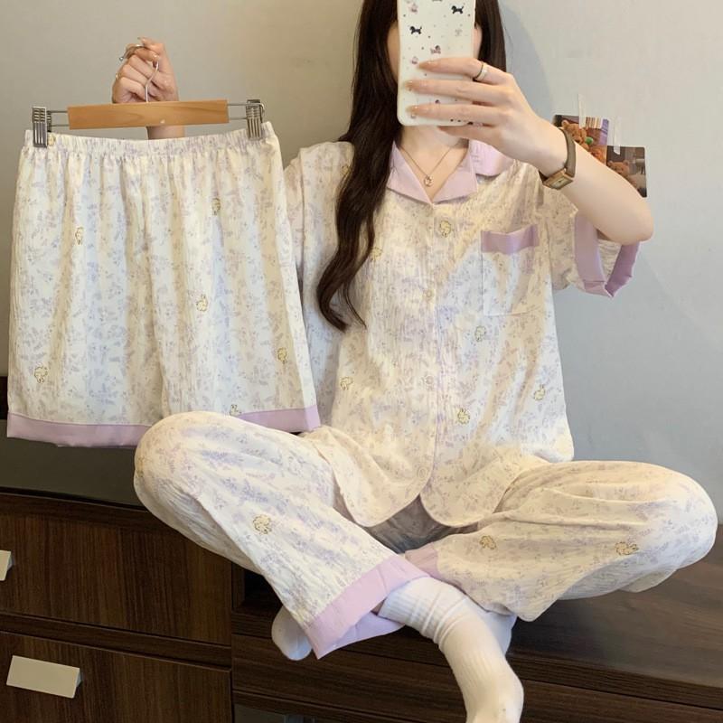 Womens Cloud Cotton Pajama Set Short Sleeve Bow Loose Loungewear 3pcs