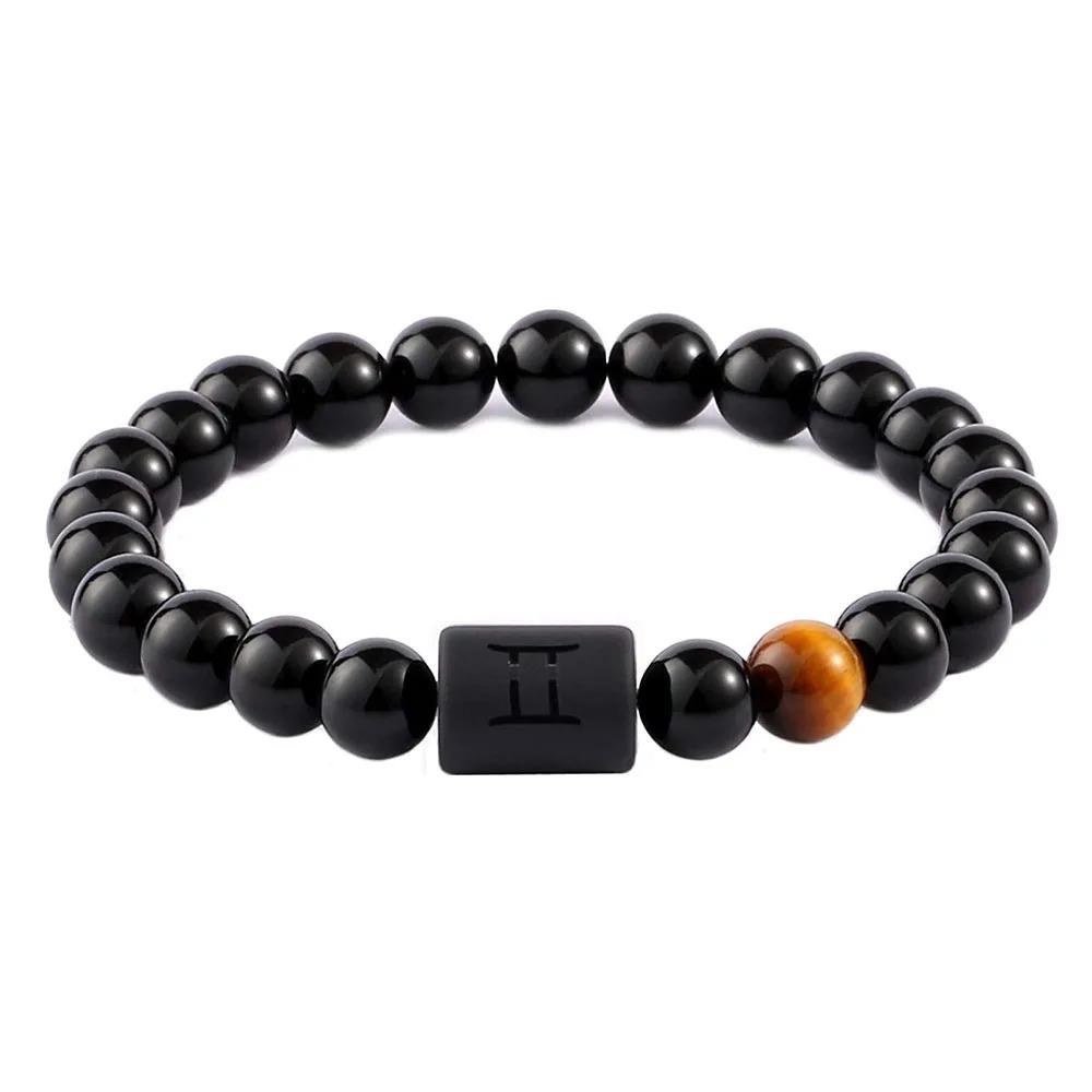Браслет Знака Зодиака для Мужчин 8 мм Натуральный Черный Оникс Камень Тигровый Глаз Знак Зодиака Созвездие Дружба Молитва Благословение Браслет Подарки