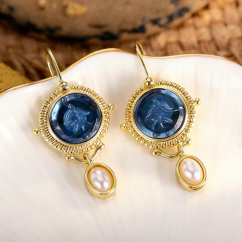 Xiaomi Huitan Blue Stone Gold Color Drop Earrings for Women Bohemian Style Elegant Imitation Pearl Trendy Party Daily Versatile Jewelry