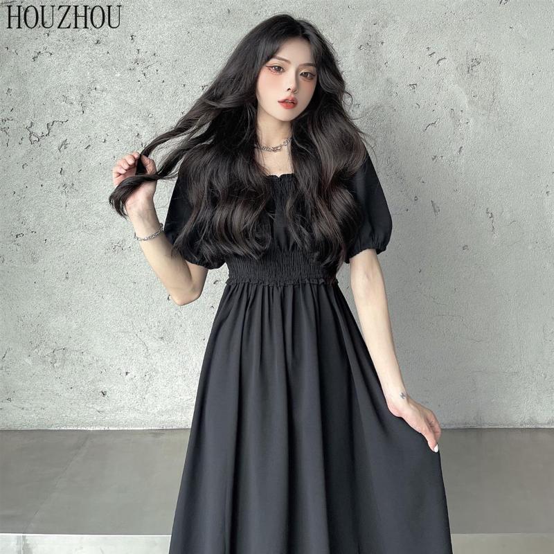 HOUZHOU черное платье с короткими рукавами, женское милое кавайное летнее корейское элегантное платье миди с высокой талией и квадратным воротником