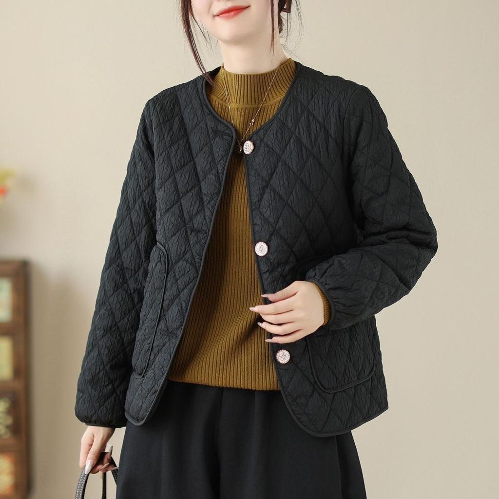 Повседневное хлопковое пальто с подкладкой, женские винтажные тонкие стеганые женские куртки с круглым вырезом и длинными рукавами на пуговицах, весна 2025, модные женские парки, пальто