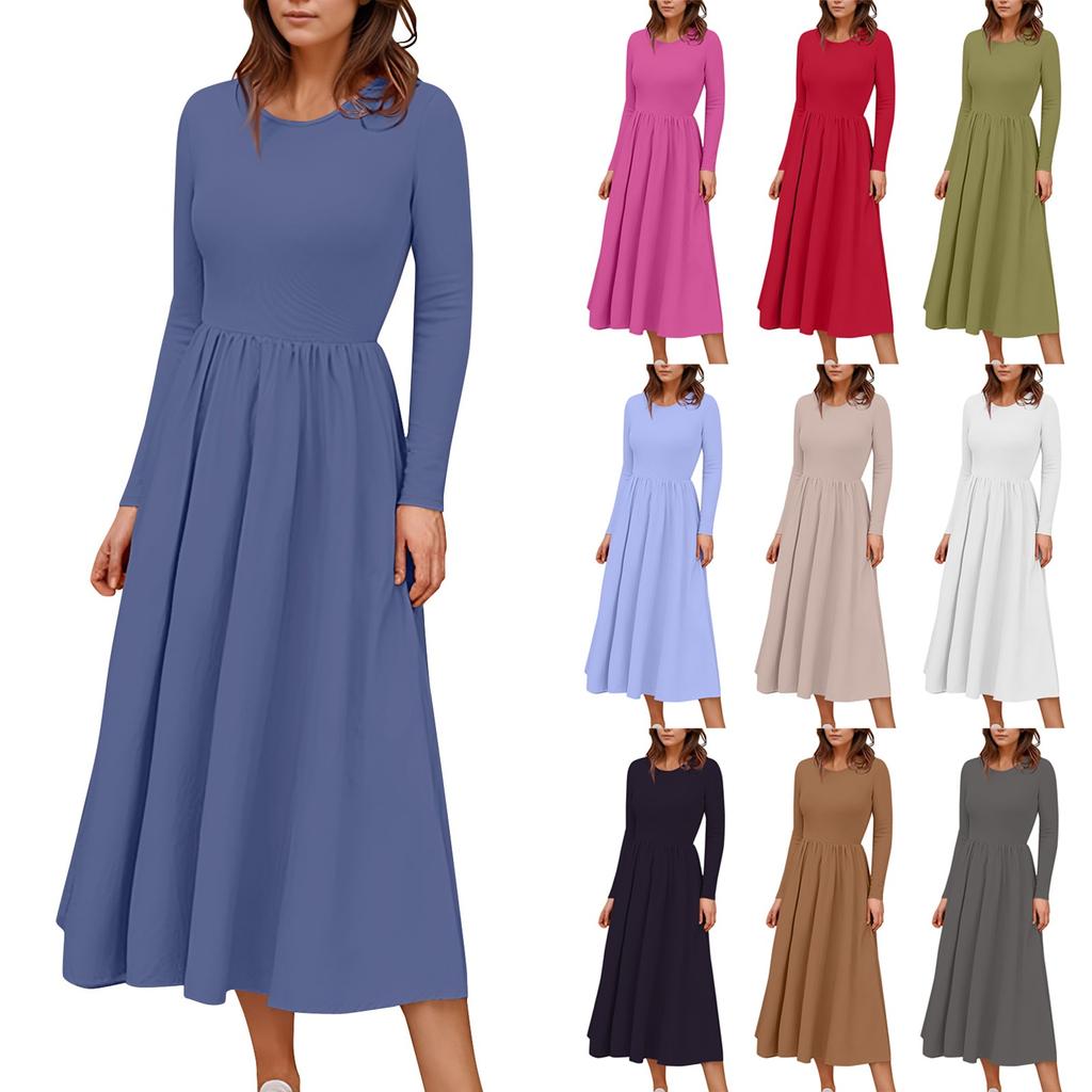 Women's Solid Color Midi Boho Dress Casual Long Sleeve Flowy Smocked Dresses With Pocket Summer And Spring