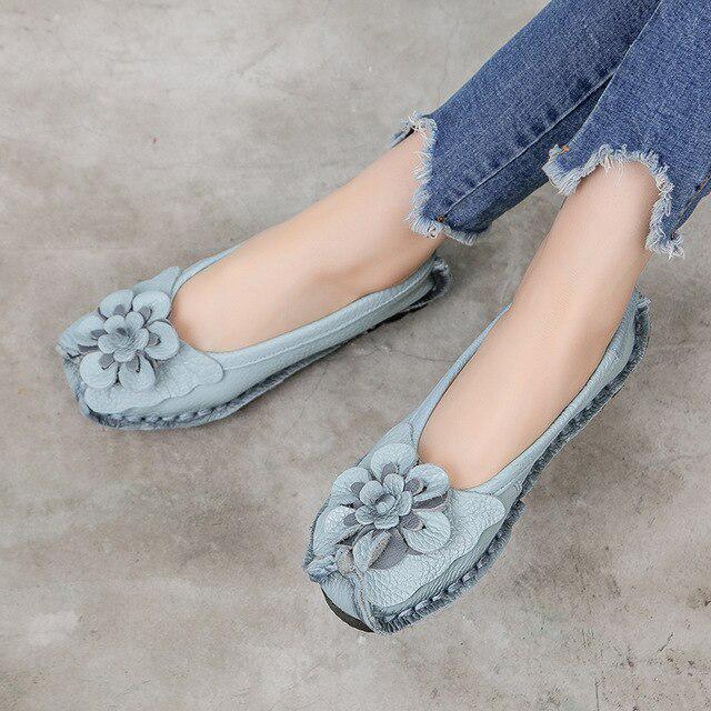 Women Loafers Genuine Split Leather Flat Heels Flower Round Toe Soft Solid Sandals Platform Ladies Shoes