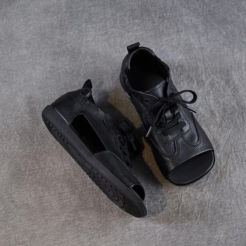 Johnature Сандалии из натуральной кожи с открытым носком, в стиле ретро, на плоской подошве, со шнуровкой, на мягкой подошве, женские туфли