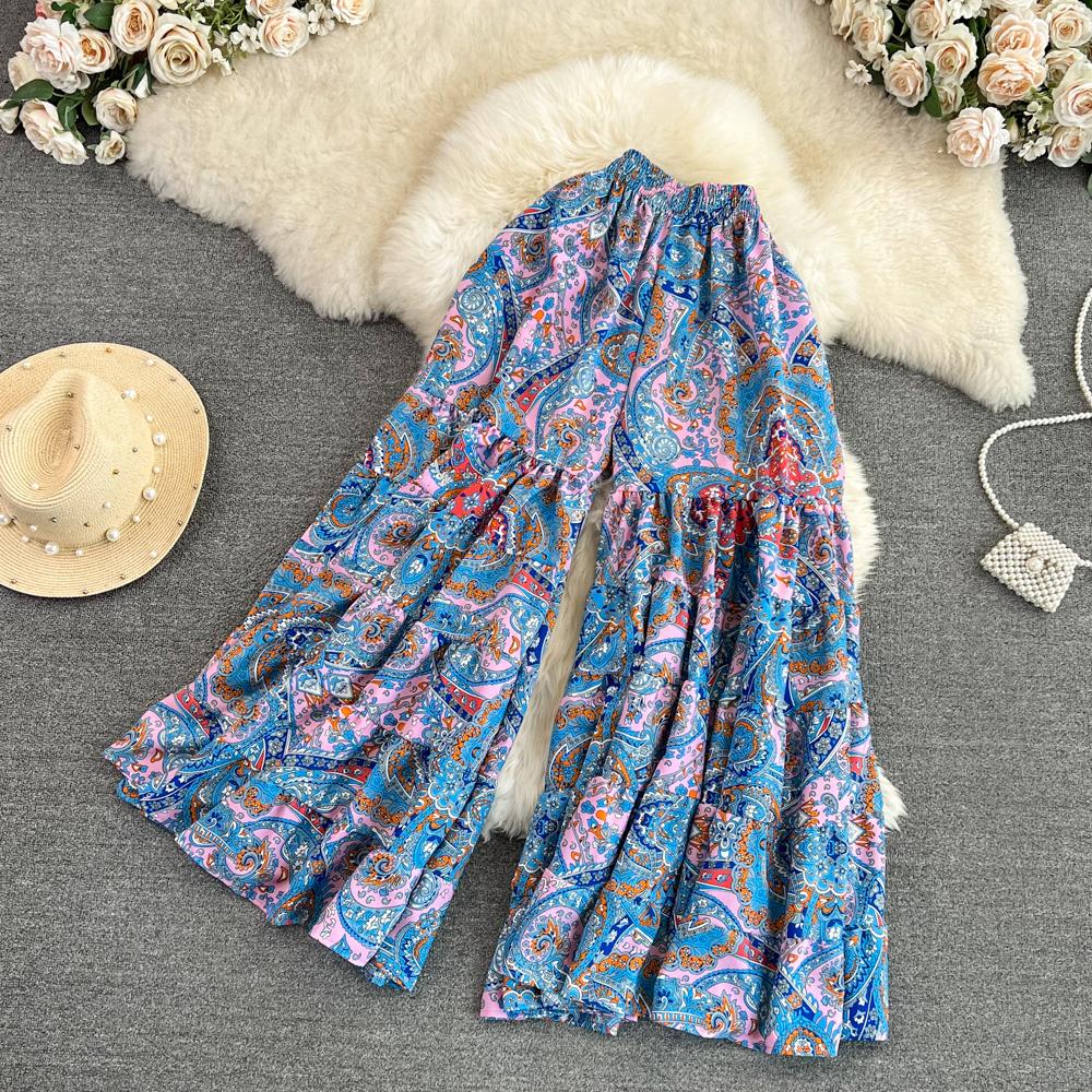 Summer Bohemian Vacation Beach Pants Elegant High Elastic Waist Wide Leg Printed Trouser Casual Flare Fladas New Fashion