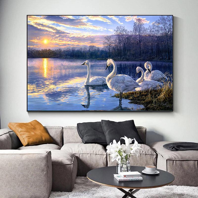 Животное Белый лебедь Любовь Синий в воде Крылья Холст Картины Плакаты и принты Настенные художественные фотографии Гостиная Домашний декор Без рамки