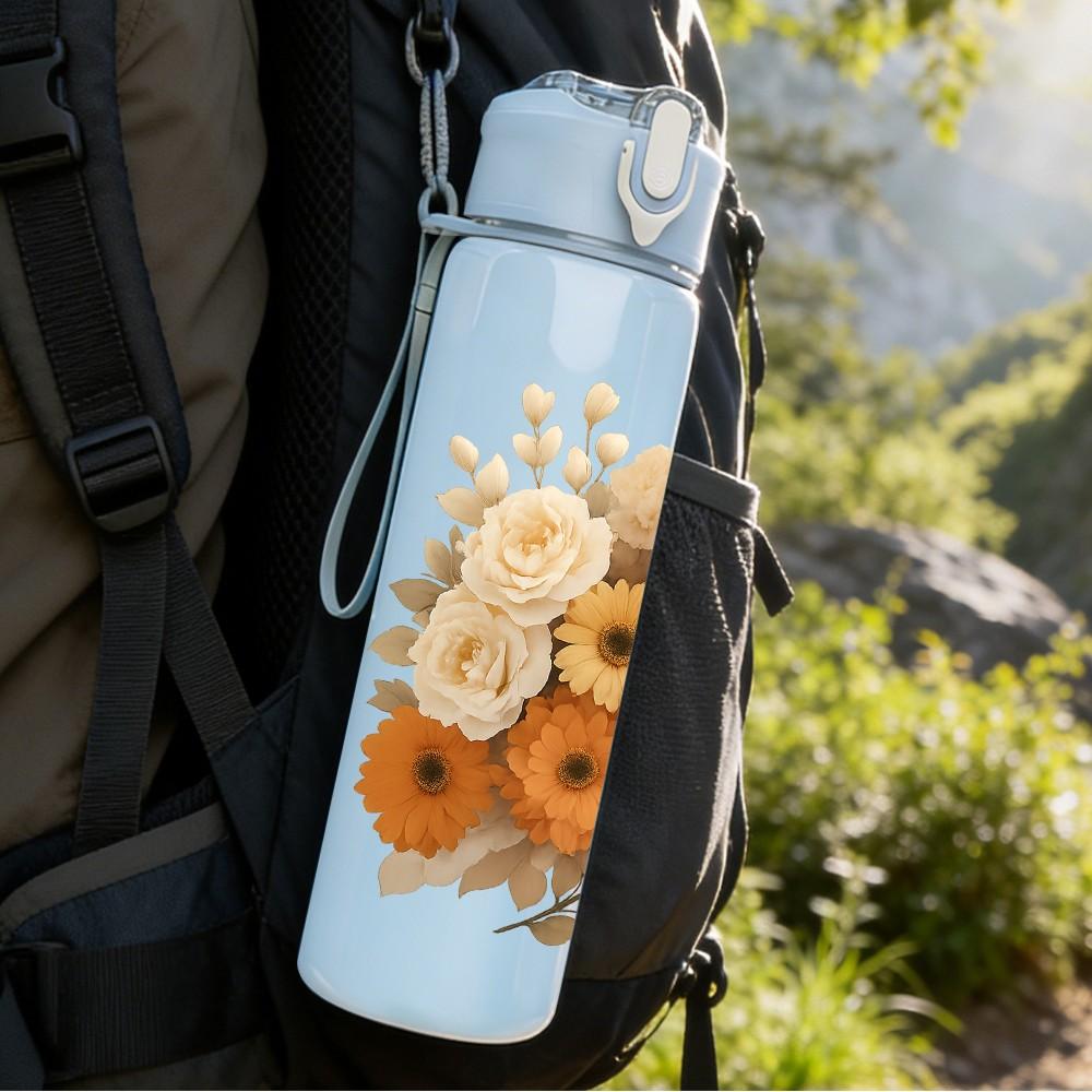1PC Warm Dried Sunflower Bouquet Pattern 750ml Color Plastic Sports Water Bottle Leakproof Flip Straw Lid Suitable for Sports Office Home Use