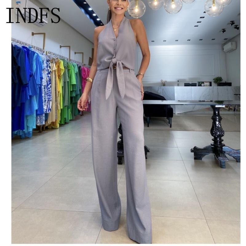 INDFS Women's Fashion Casual Summer Spring Solid Color Print Sleeveless V-Neck Blouses & Shirts Trousers Pants Suits