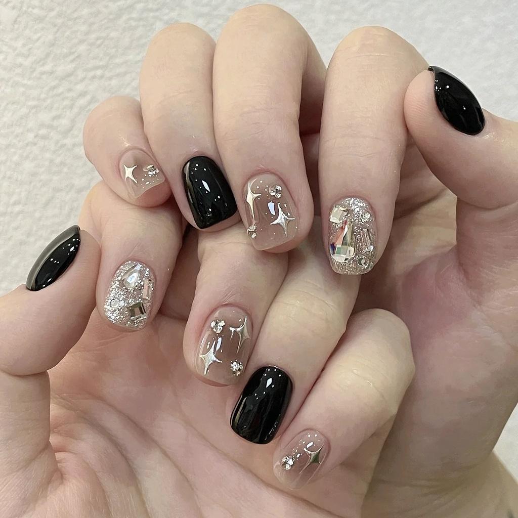 Sticker Nail Handmade Set With Black Shiny Rhinestones Star Suitable Patterns