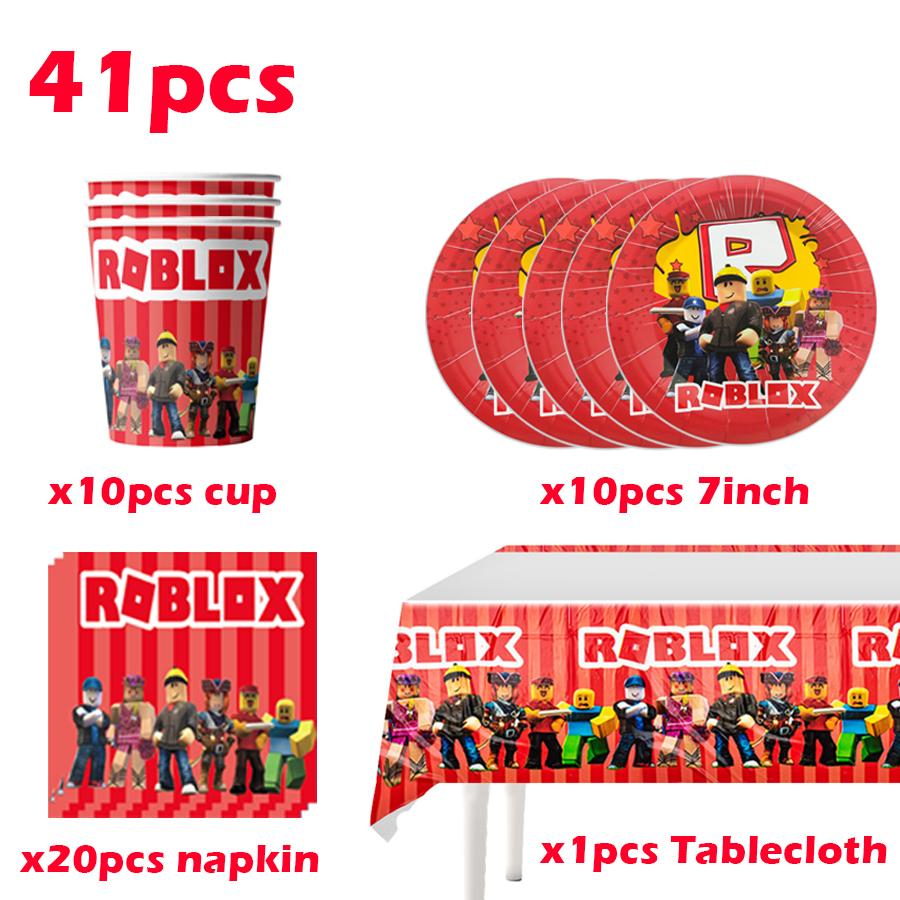 Roblox Themed Foil Latex Balloons Set for Birthday Party Decoration Includes Tableware Cups Cake Topper Backdrop Spiral Supplies