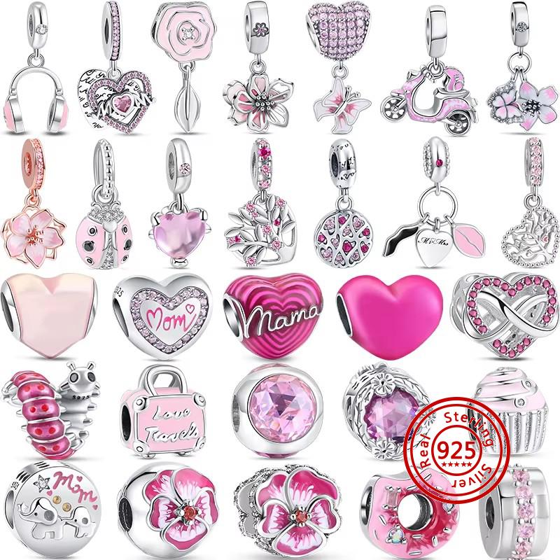 New Fit Original Pantaro Bracelet DIY Zircon 925 Copper Pink Series Beads Sparking Heart Charm Fashion Butterfly Flower Pendent