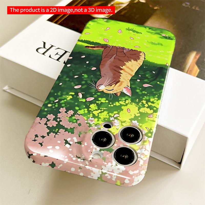 2DFlat Cherry Blossom Cat in Spring Garden All inclusive film hard iPhone case, compatible with iPhone 18 Pro Max 17 16 15 14 13 12 11