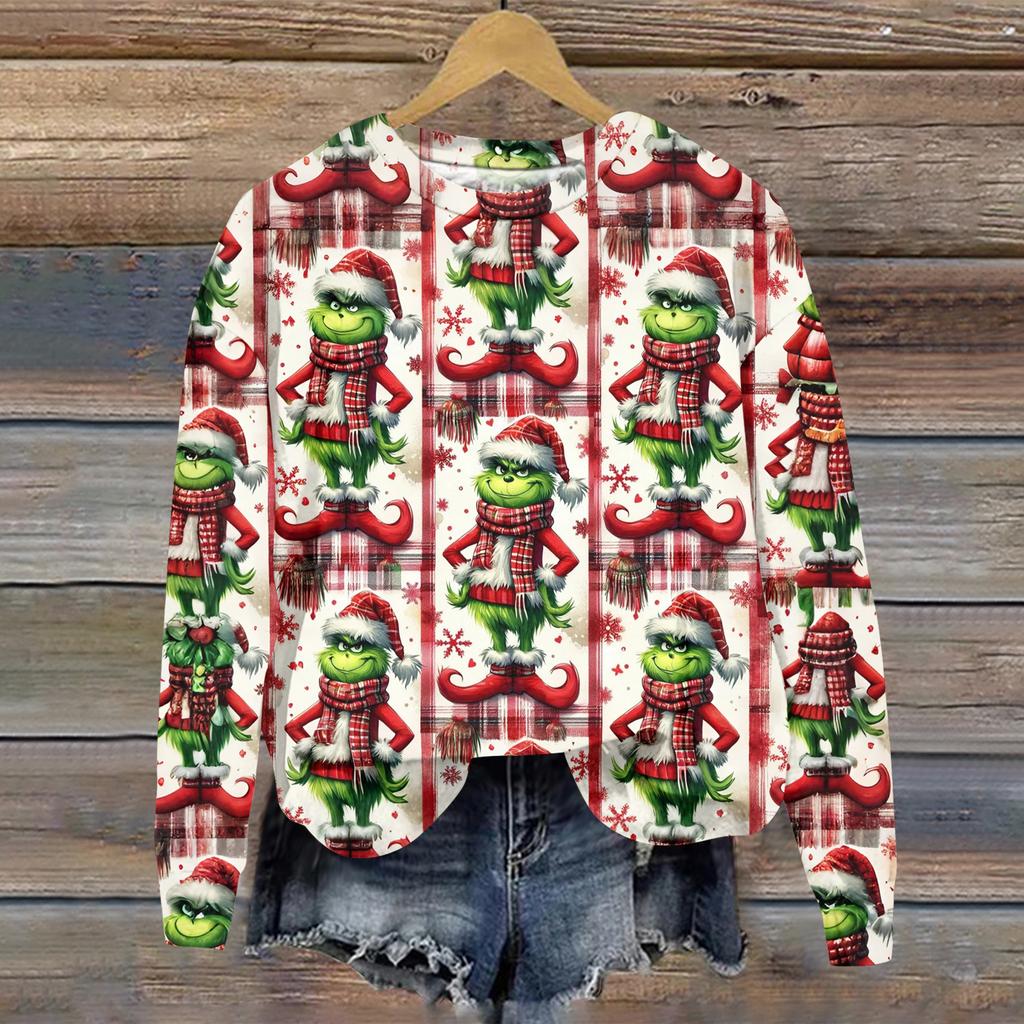 Ladies' Christmas Greentown Print Casual Long Sleeved Round Neck Sports Hoodie Top