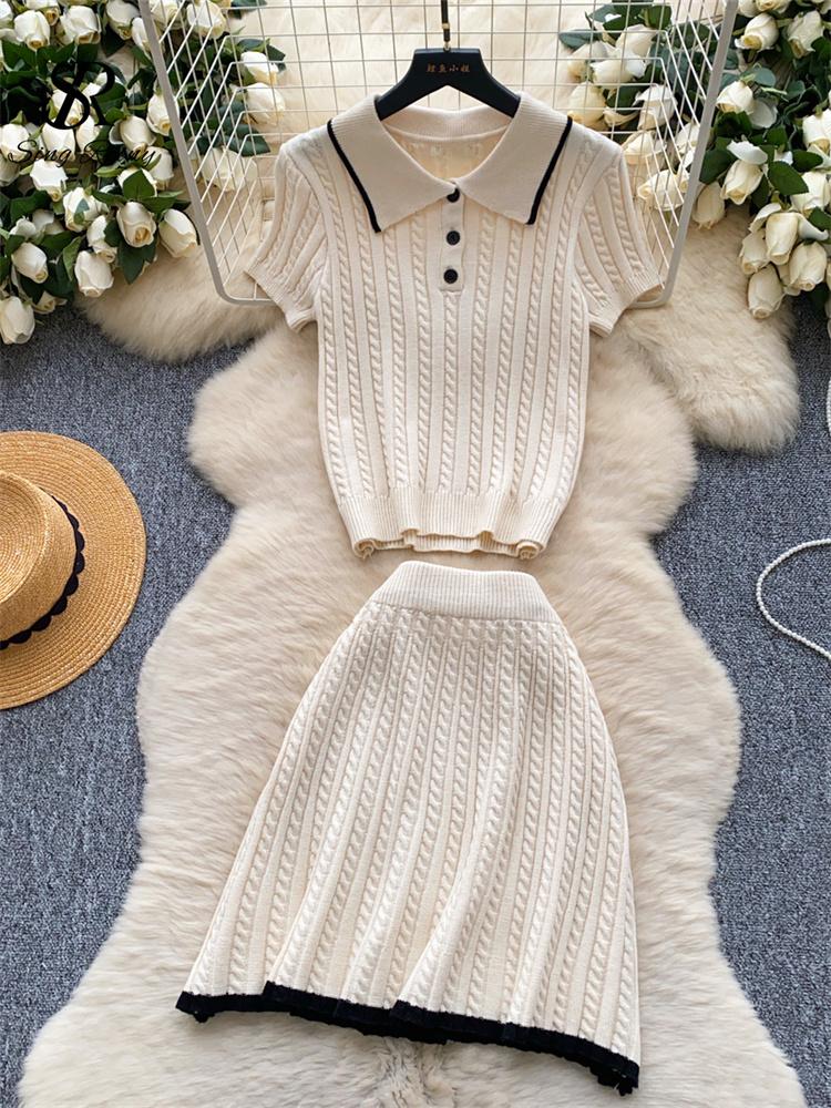 Модные трикотажные костюмы из двух предметов, обтягивающие рубашки поло с короткими рукавами и короткая юбка, женские простые летние комплекты