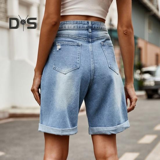 Летние женские джинсовые шорты со средней талией, длиной до колена, эластичные, повседневные, широкие, прямые, потертые, с манжетами, короткие джинсы с карманами