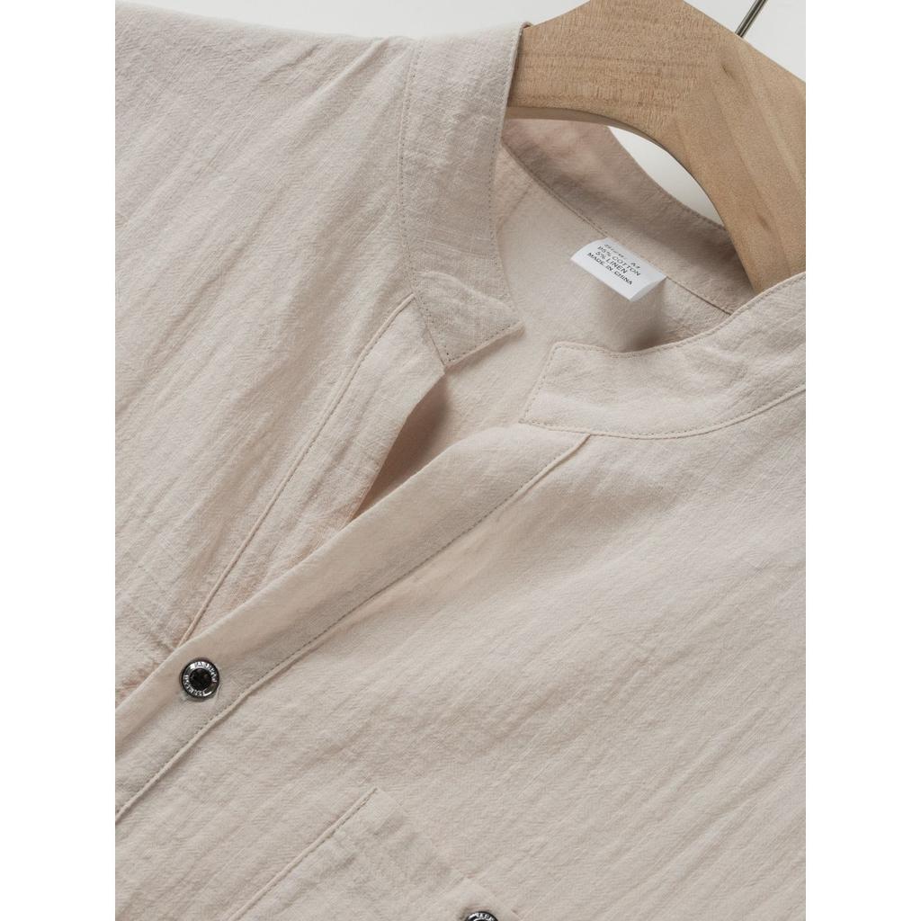 Men's Cotton and Linen Short Sleeved Stand Up Collar Half Buttoned Shirt - Spring and Summer Casual Outdoor Wear