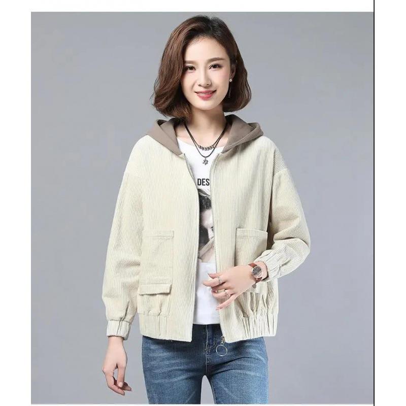 Women's Large Hooded Corduroy Jacket - Arctic Velvet, Autumn/Winter, Loose Fit, Korean Style, Perfect for Middle-aged Moms