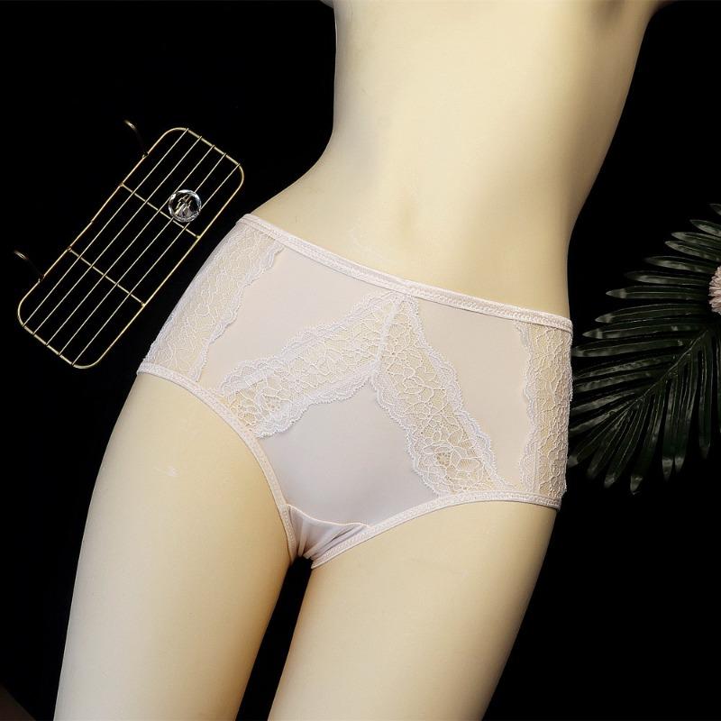Mid Waist Minimalist Lingerie Women's Sexy Hollow Lace Underwear Ice Silk Breathable Triangle Panties