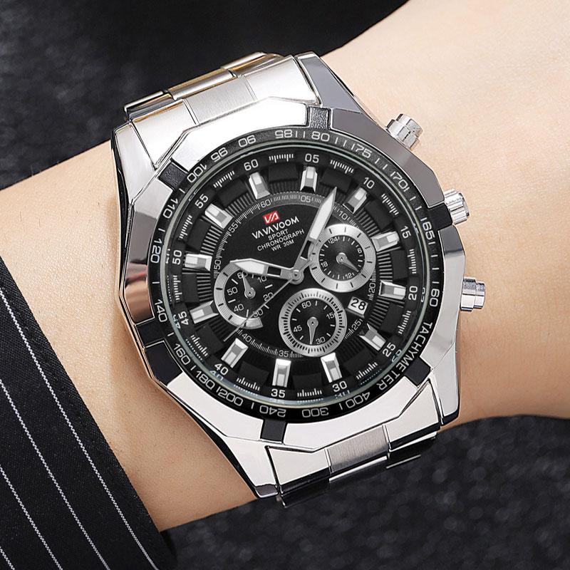 VA VA VOOM Кварцевые наручные часы, модные мужские часы, деловой стиль, ремешок из нержавеющей стали, календарь, циферблат, кварцевые наручные часы