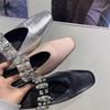 Летняя Новая Плоская Обувь Женская Квадратный Нос Мелкий Вырез заклепки Металлическая Пряжка Набор На Ногу Противоскользящие Износостойкие Шлепанцы