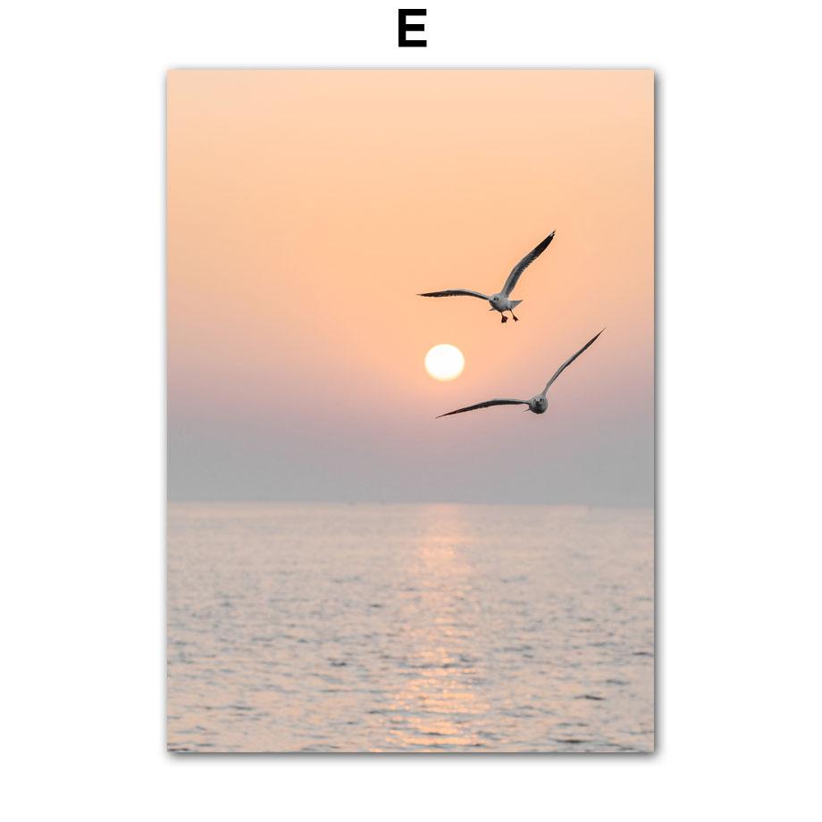 Sunset Beach Coconut Tree Bridge Shell Bird Wall Art Living Room Decoration Canvas Painting Nordic Posters And Prints Pictures