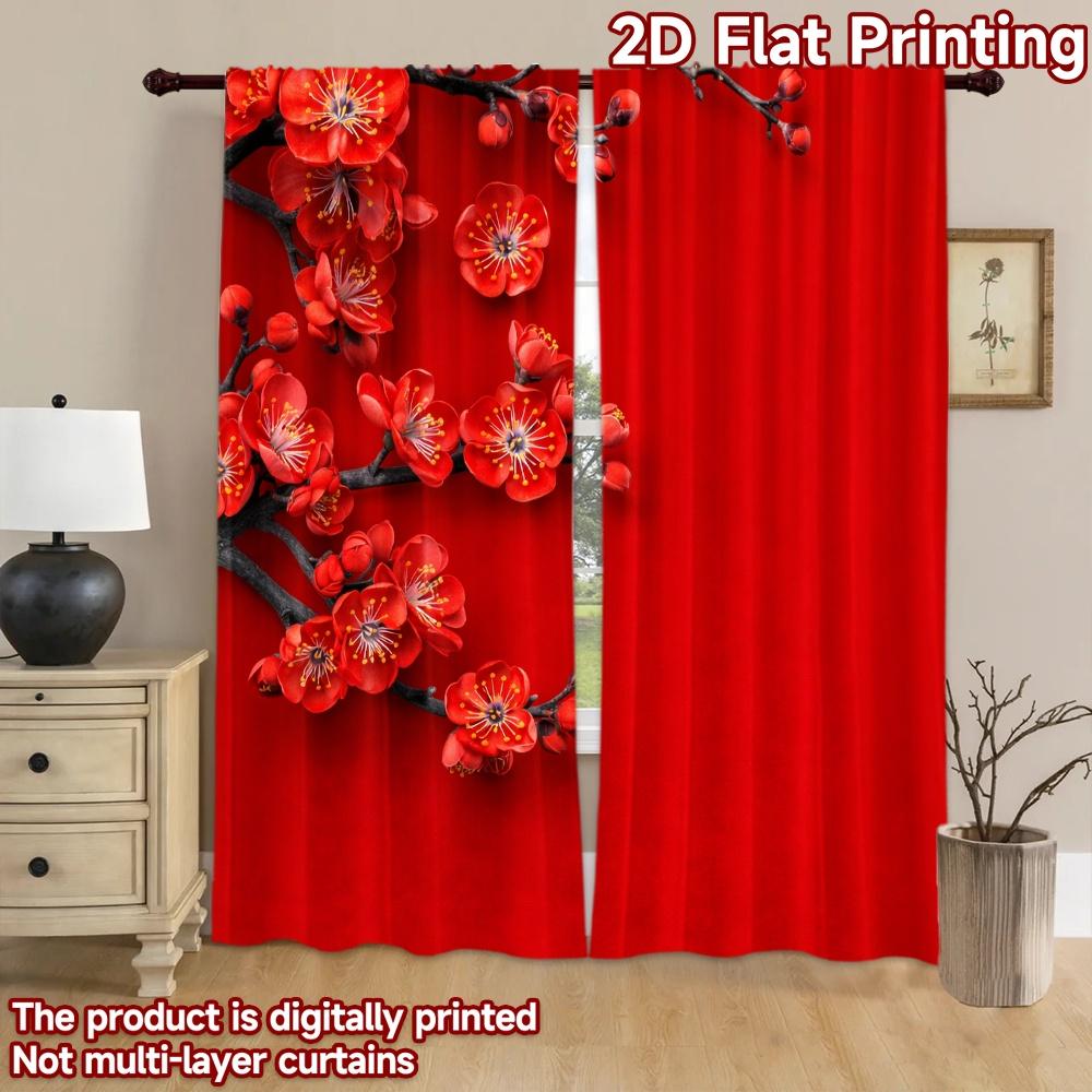 2D flat printing 2pcs Curtain Drapes Chinese New Year Blossoms Digital Printed Polyester Drapes Family Party Use for New Year
