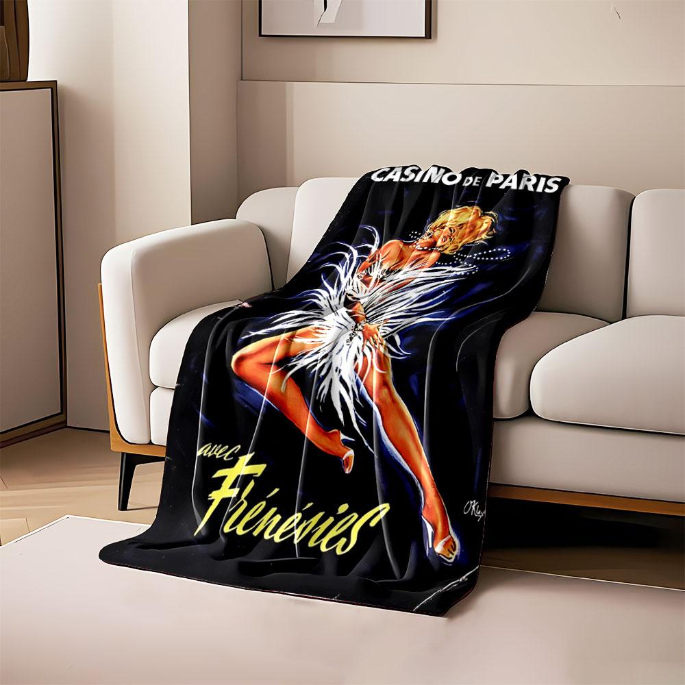 A glamorous dancer in a white feather outfit on a dark background. for all seasons blanket lunch break throw gift