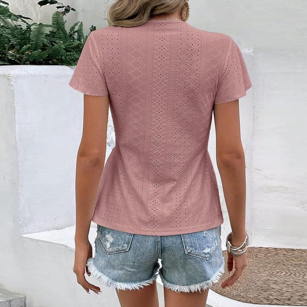 Женская модная однотонная футболка с V-образным вырезом и коротким рукавом, сшитая из кружева