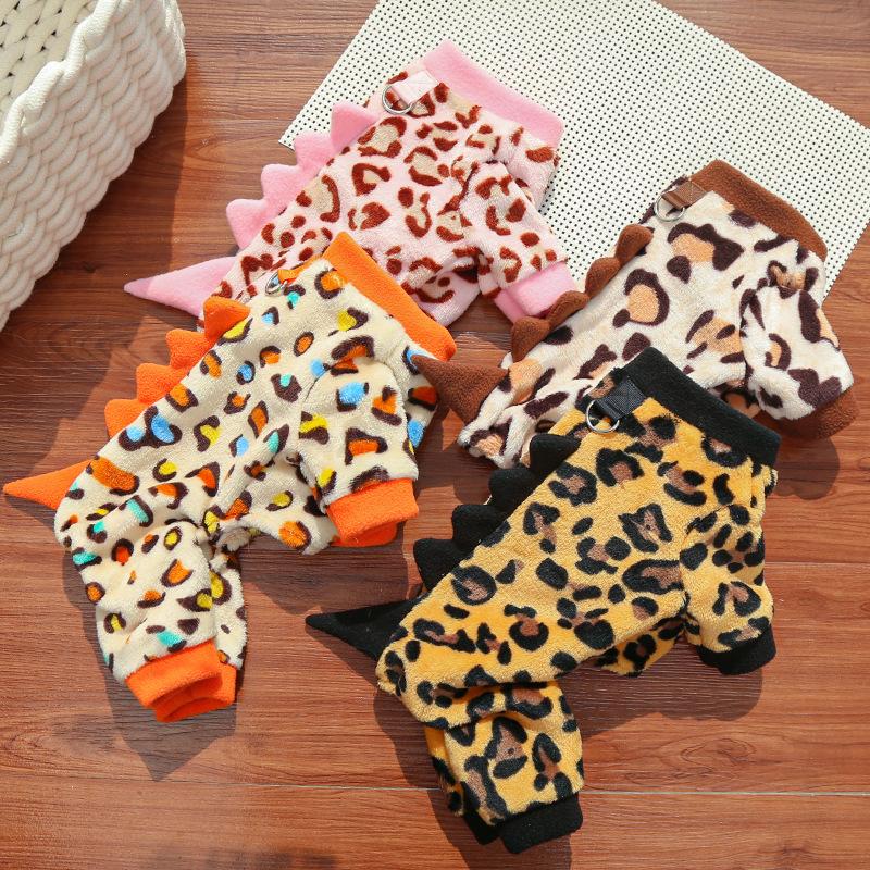 Cat Clothes Warm Leopard Print Dinosaur Four-Legged Dog Clothes Autumn Winter Velvet Clothes Bear Pet Products