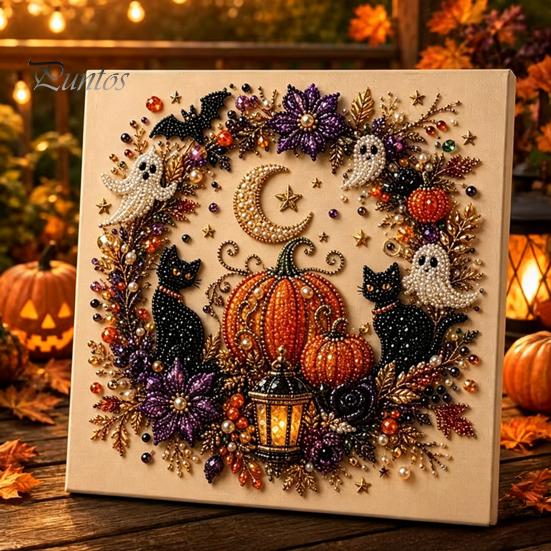 Festive Faux Pearl Art for Home Decor 2Pcs Halloween Art, Ghost Pumpkin Witch Crow Painting DIY Relaxing Arts And Crafts Kit, 3D Skull Craft