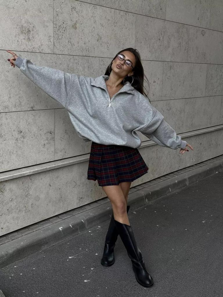 Однотонная верхняя одежда на половину молнии со стойкой воротником, модный трендовый свитшот с лацканами, свободный топ