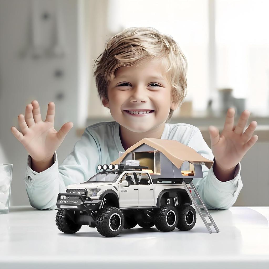 1/24 Ford F150 Raptor Diecast Trucks,  F150 Pickup Truck with Sightseeing Cabin, Pull Back Truck Toys with Light and Sound for Kids Ages 4-8