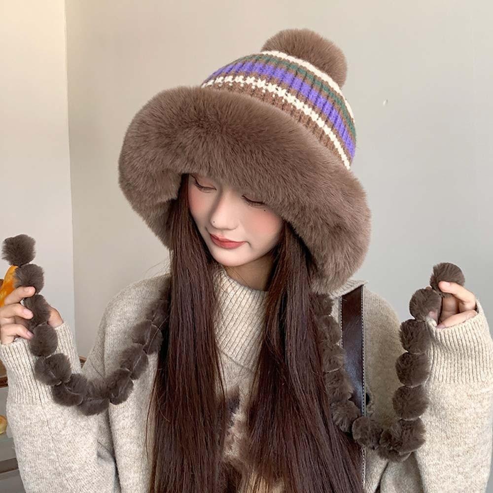 Striped Knit Pompom Braids Hat Fur Brim Fur Trim Trapper Fleece Knit Beanie Skiing