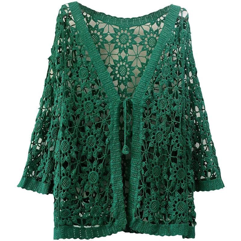 Женская трикотажная куртка с вырезами, хлопковый свободный кардиган, летняя солнцезащитная кружевная блузка с открытым передом