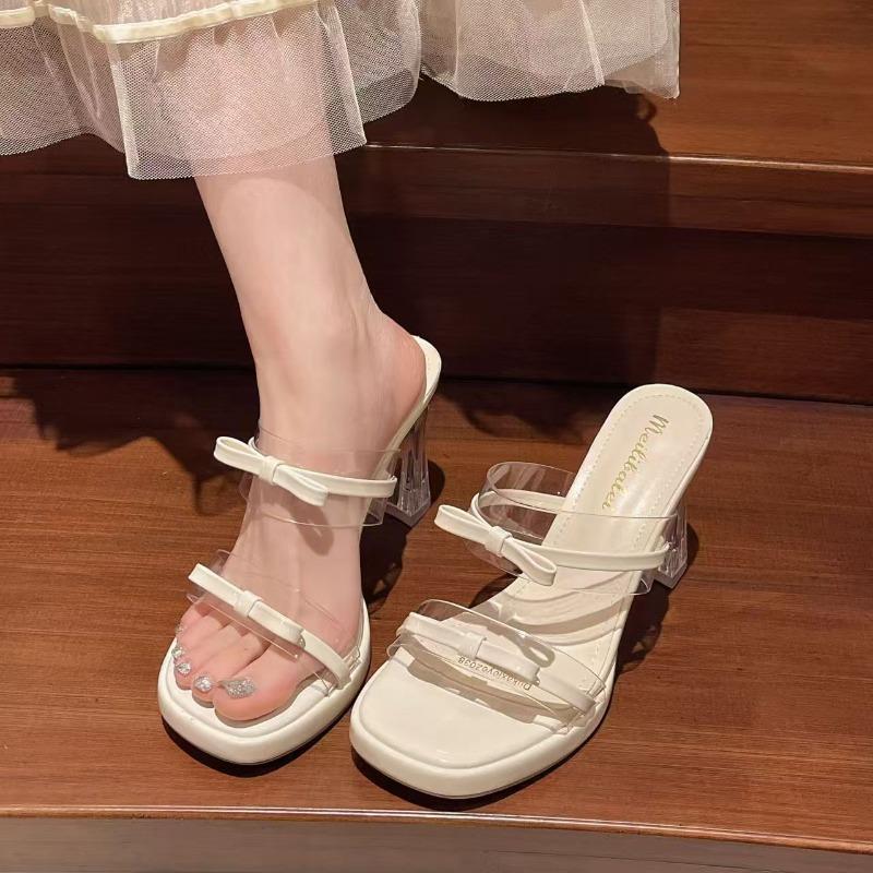 New Transparent Slippers Women's Shoes Square Heel Heeled Mules Luxury Slides Pantofle Jelly Flip Flops Block High Designer