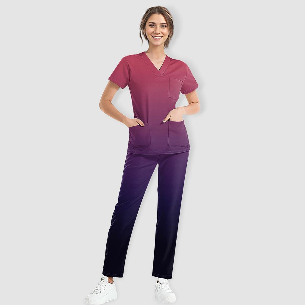 Women's Short Sleeve V Neck Gradation Chest Pocket Work Top Elastic Waist Pants Two Piece Work Set,3 Pockets,Scrubs Tops For Women