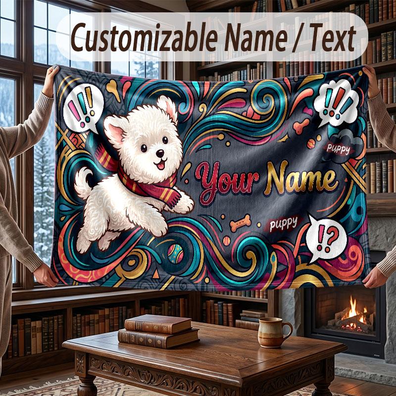 Dog Theme Throw Blanket Custom Name Text Personalized Blanket Soft Cozy Blanket for Home Sofa Bed