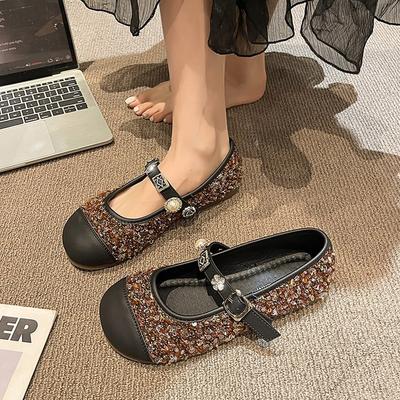 Туфли Xiaoxiangfeng Mary Jane, женские, 2025 г., новые, французские, со стразами и жемчугом, подходящие по цвету, светлые туфли на плоской подошве
