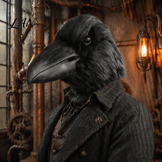 Latex Animal Costume Accessories Halloween Raven Mask, Realistic Plush Bird Full Head Dark Vintage Steampunk Cosplay Costume, Breathable Long