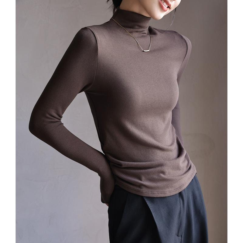 Autumn Winter Half High Collar Solid Color Bottomed Tee Women Long Sleeve All-match Bottomed Pullover Top Tee