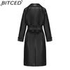 BITCED Spring/Autumn Women's Trench Coat - Long, Loose-Fit Jacket In PU Leather Classic Women's Collared Coat with Belt