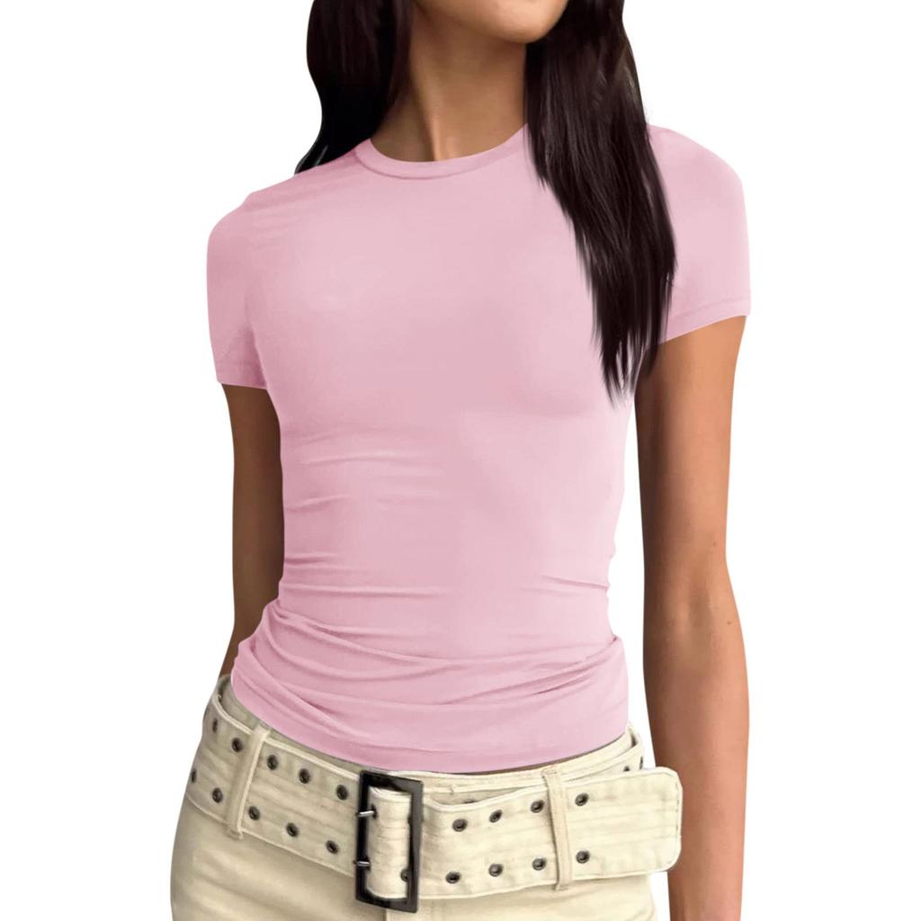 Women Short Sleeve Soild Sexy Cute Tee Slim Fit Tight Crop-Top T Shirt